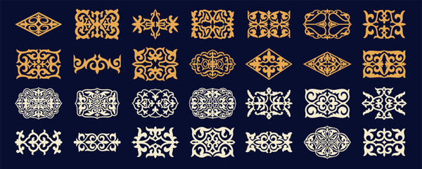 Set of islamic ornaments in vector, persian motiff. 3d ramadan islamic round pattern elements. Geometric logo template set. Circular ornamental arabic symbols. National pattern of the Kazakhs, Kyrgyz
