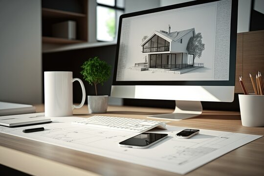 Architect house project concept, desktop computer on white work desk showing CAD sketch, minimalistic living room interior design in background, illustration. Generative AI