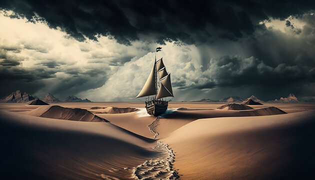 A Fantastical Sailboat Crossing the Desert. Generative AI