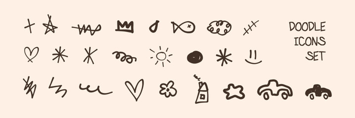 Doodle icons set. Pen, pencil or marker handdrawn scribble children painting, y2k, brutalist cute web icons. Fish, clouds, heart, flower, sun dark brown ink coffee paintings. (Full Vector)