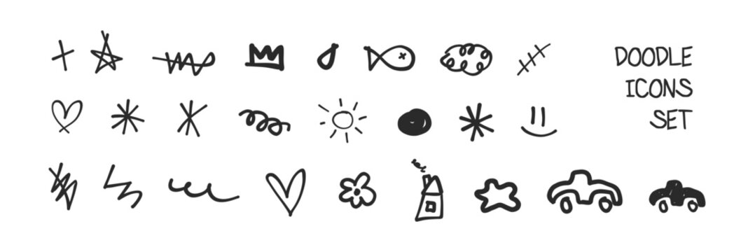 Doodle icons set. Pen, pencil or marker handdrawn scribble children painting, y2k, brutalist cute web icons. Fish, clouds, heart, flower, sun dark black ink paintings. (Full Vector)