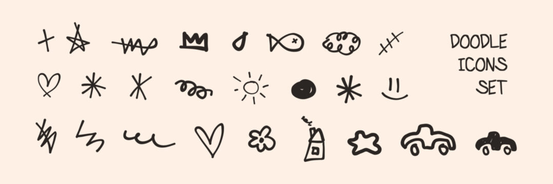 Doodle icons set. Pencil, pen or marker child handdrawn scribble sketch coffee brown ink drawings. Weather, enviroment, educational kindergarden images. (Full Vector)