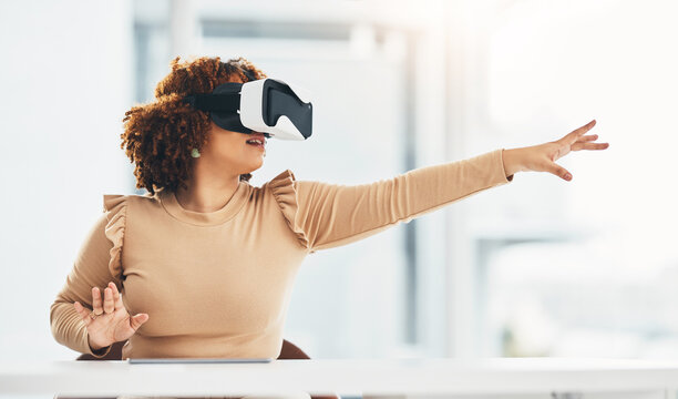 VR, business and woman with glasses for a metaverse, digital project and system. Touching, ai and employee in corporate working with an interactive, futuristic and virtual reality program online - Powered by Adobe