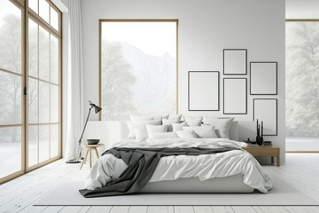 Large bed, two empty posters, large window, carpet, cushions, and oak timber parquet floor are all features of the well-lit bedroom décor. Idea for a relaxing minimalist design. Generative AI