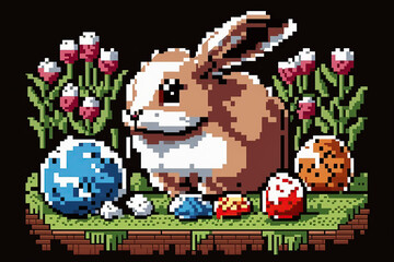 Easter rabbit on the background of eggs, cartoon, concept, created with Generative AI