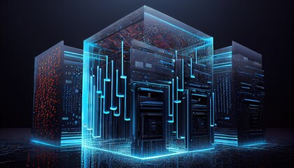 Fototapeta premium Abstract data center, Ai, machine learning, server, internet, speed. Background for tech titles , news headline. Generative AI 
