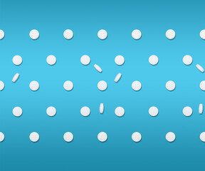 White pills as seamless pattern on soft light blue gradiend background in hard light with shadow, top view. Medical and treatment concept, minimal background.