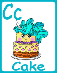 Kids ABC cards. Letter study set, english alphabet with food, animals and fairy tale characters cartoon.coloring book. Letter Cc