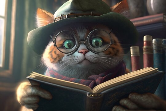 Cat reading book with glasses and hat.