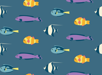 Seamless patterns with different fish. Beautiful underwater world texture in flat style.