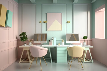 Abstract, beautiful, hardworking pastel office furniture, workplace, working hard in the office. Pleasant pastel working atmosphere. Generative AI