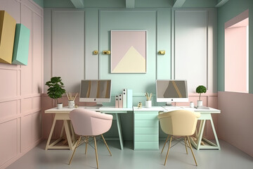 Fototapeta premium Abstract, beautiful, hardworking pastel office furniture, workplace, working hard in the office. Pleasant pastel working atmosphere. Generative AI