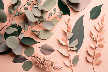 Eucalyptus leaves & branches on pastel pink background. Flat lay, top view with copy space & banner. Branches create a beautiful pattern. Generative AI