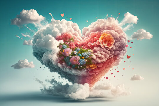 beautiful colorful valentine day heart in the clouds as abstract background. Generative AI