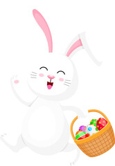White rabbit with Easter egg basket. Cartoon character design. Easter holiday concept. Illustration.