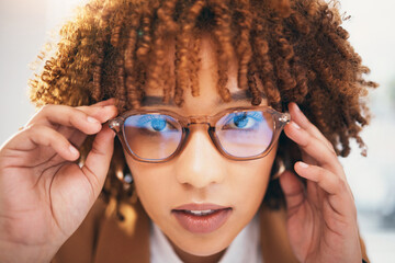 Vision, glasses and black woman, face and portrait with eye care, designer frame with prescription...