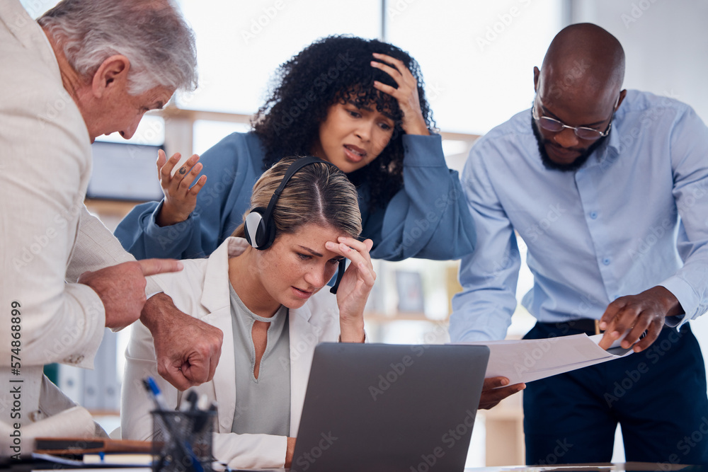 Poster stress, deadline and people at a call center with a problem in telemarketing, bad email and communic