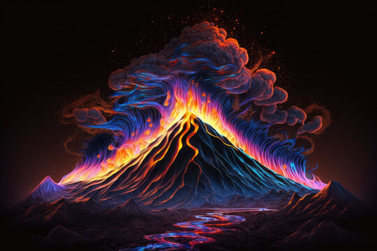 Epic Dark Volcano Illustration With Lava Flowing. 