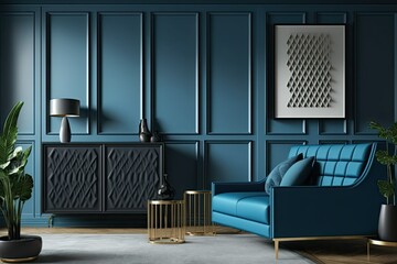 Living room with blue luxury classic wall panel and low cabinet. Generative AI