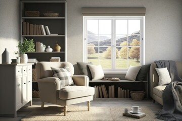 Interior of beige living room with sofa and chairs, coffee table with decorations and bookshelves, side view, and window overlooking the countryside. empty copy space with a beige wall. Generative AI