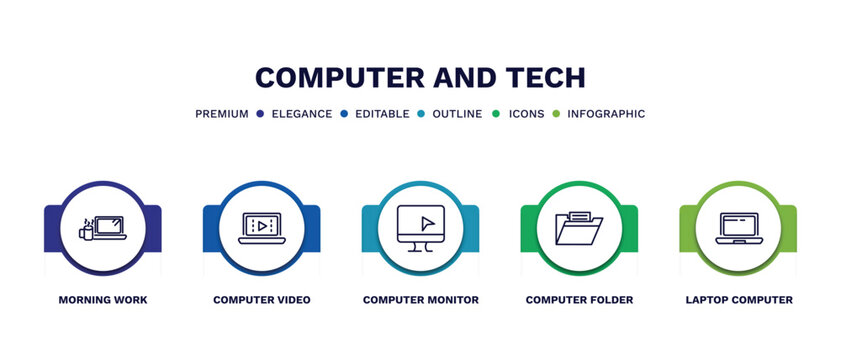 Set Of Computer And Tech Thin Line Icons. Computer And Tech Outline Icons With Infographic Template. Linear Icons Such As Morning Work, Computer Video, Monitor, Folder, Laptop Screen Vector.