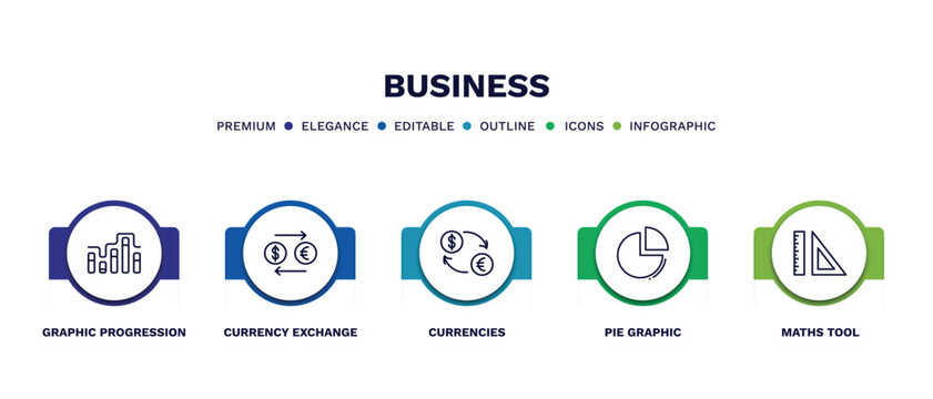 set of business thin line icons. business outline icons with infographic template. linear icons such as graphic progression, currency exchange, currencies, pie graphic, maths tool vector.