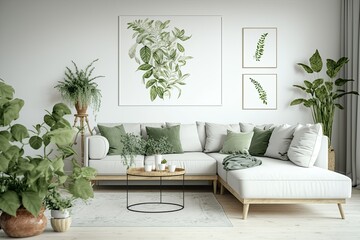 Corner sofa with pillows and wall painting in cozy living room. Generative AI