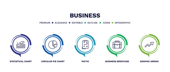 set of business thin line icons. business outline icons with infographic template. linear icons such as statistical chart, circular pie chart, tactic, business briefcase, graphic arrow vector.