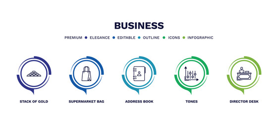 Fototapeta premium set of business thin line icons. business outline icons with infographic template. linear icons such as stack of gold, supermarket bag, address book, tones, director desk vector.
