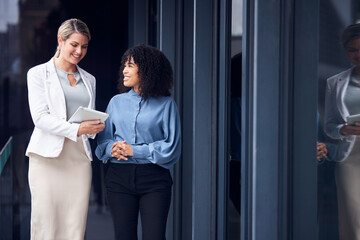 Tablet, collaboration and a business woman team at the office for planning or strategy together by...