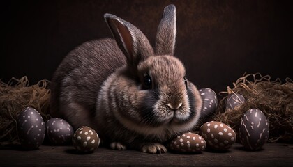 Easter bunny and easter eggs on wooden background. Generative AI