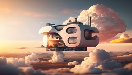 Futuristic house in the clouds. Generative AI illustration.