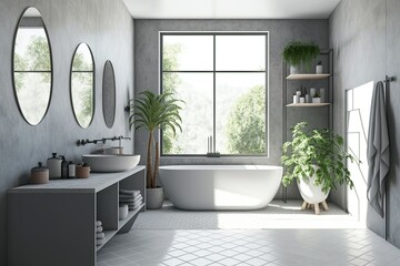 Interior of a bathroom with gray tiling, a shower, a white bathtub, and a sink on a wooden shelf. mock-up toned double-exposed image. Generative AI