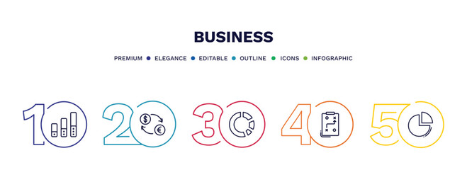 set of business thin line icons. business outline icons with infographic template. linear icons such as ranking factor, currencies, pie chart statistics, tactic, pie graphic vector.