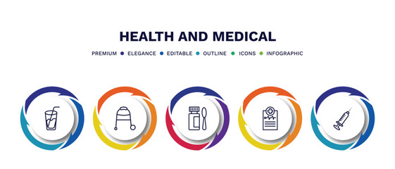 set of health and medical thin line icons. health and medical outline icons with infographic template. linear icons such as juice, medical walker, syrup, report, injection vector.