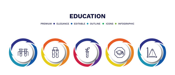 set of education thin line icons. education outline icons with infographic template. linear icons such as chemical test tube, communicating vessels, plant sample, studies, ballistic vector.