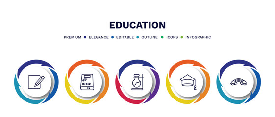 set of education thin line icons. education outline icons with infographic template. linear icons such as corrector, math book, florence flask, college graduation, basic rainbow vector.