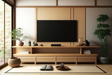 Japanese living room TV cabinet. Generative AI