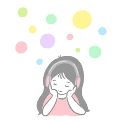 Image of a thinking woman listening to music with headphones Simple and cute hand-drawn illustration / ヘッドホンで音楽を聞く、考える女性のイメージ シンプルでかわいい手描きのイラスト