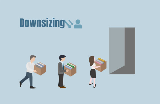 Workforce Reduction, Downsizing, Reorganization, Restructuring, Outsourcing. Unemployment, Jobless, Employee Job Reduction Concept. Fired Office Worker With Box.