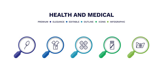set of health and medical thin line icons. health and medical outline icons with infographic template. linear icons such as spermatozoon, patient robe, band aid, proteins, records vector.