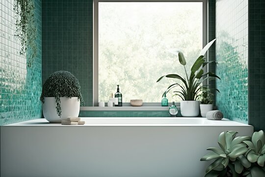 Close-up of a modern white ceramic bathtub with a shiny stainless steel faucet in a bathroom with teal green granite wall tiles, attractive plants, and a window blind. Copy and backdrop. Generative AI