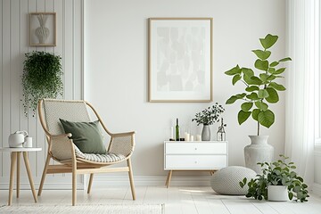 Fototapeta premium mock-up horizontal frame in scandi boho living room with white armchair and wooden furniture. Generative AI