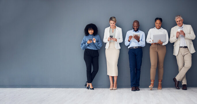 Mockup, wall and business people with technology, recruitment and waiting for job interview. Diversity, men and women with devices, employees and collaboration for cyber security and data analytics
