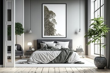Contemporary bedroom with master bed, gray walls, and wooden floor. framed horizontal poster. sideways mockup. Generative AI