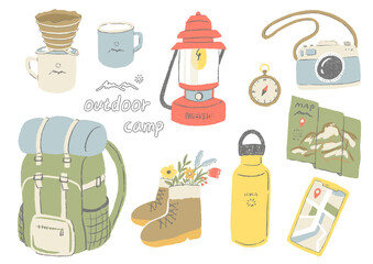 Outdoor and camping items Simple and fashionable hand-drawn illustration set / アウトドア、キャンプのアイテム シンプルでおしゃれな手描きイラストセット