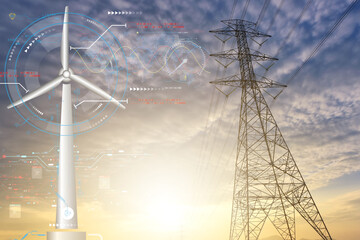 wind power plant renewable energy concept. wind power generators under the blue sky at sunset....