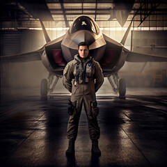Portrait of air force military pilot with fighter jet plane - 574876800