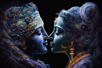Radha krishna in love medium shot photography portrait of cosmic galactic Generative AI. symbol of Devine Love. Art Print For Home Decor hindu couple on abstract decorative background