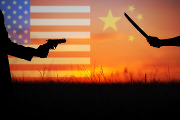 Katana versus revolver fight in the field. Military conflict in Asia. Battle of the big countries. USA, Taiwan vs China in World political war concept